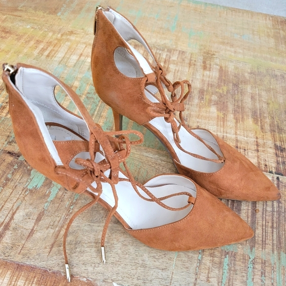 Marc Fisher Tan Pointed Lace Up Suede Heel - Picture 1 of 4